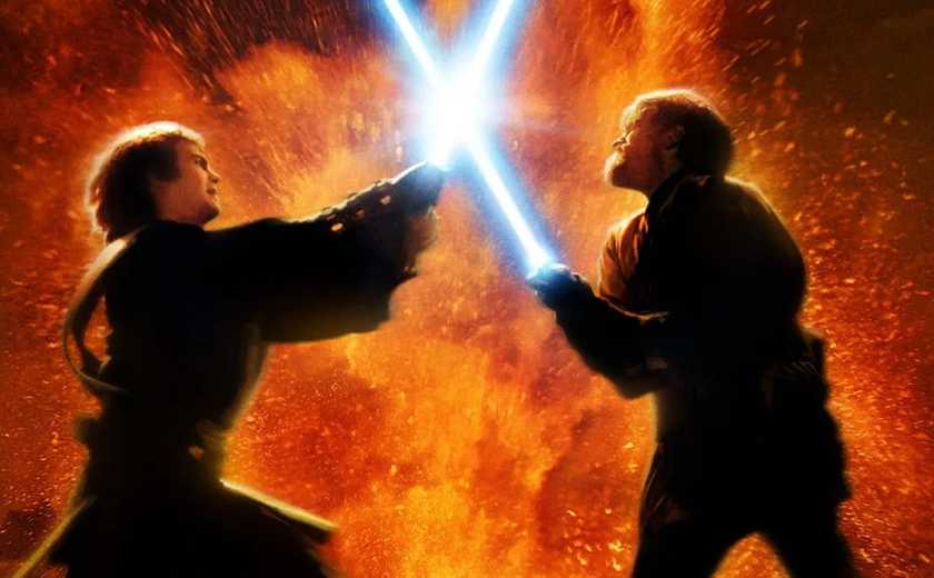 Anakin and Obi-Wan in Revenge of the Sith poster with their lightsabers clashing on Mustafar