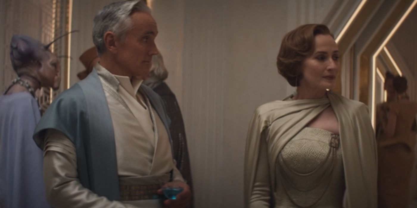 Mon Mothma and Tay Kolma standing together in Andor