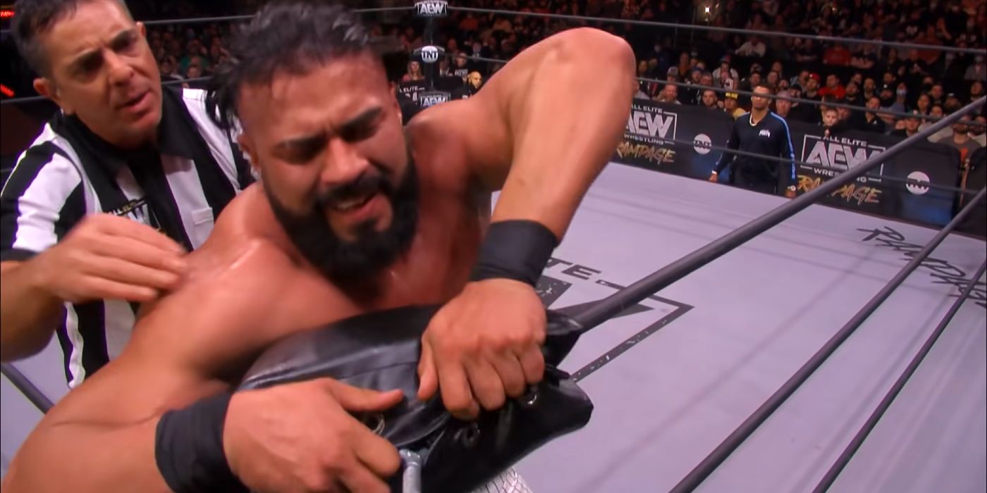 Andrade El Idolo attempts to expose the ring post during AEW Rampage in a match against Sammy Guevara.