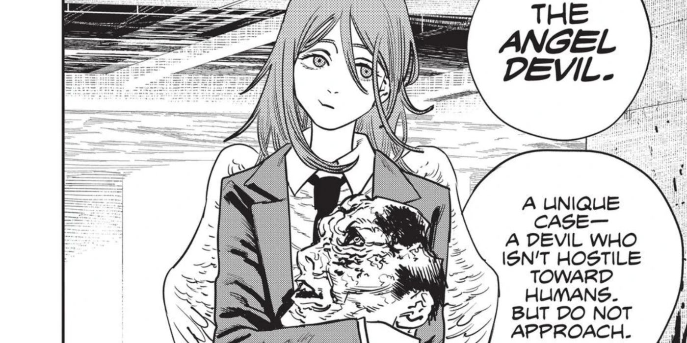 The Angel Devil being introduced while holding a Devil's head in Chainsaw Man.