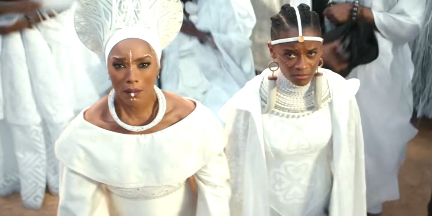 Angela Bassett and Letitia Wright looking up in Black Panther Wakanda Forever