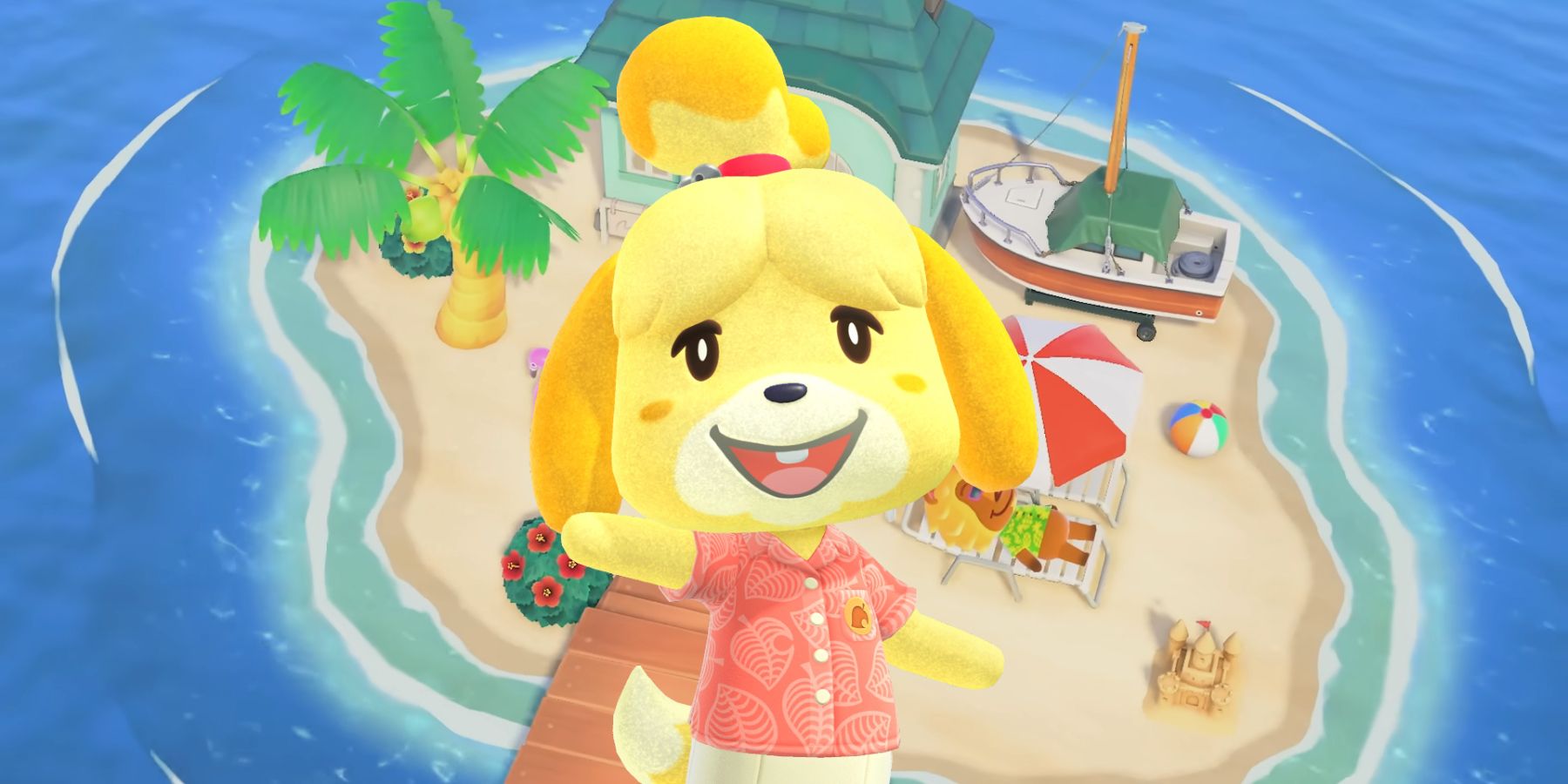 Isabelle in front of an aerial shot of an island designed in Animal Crossing's Happy Home Paradise DLC.
