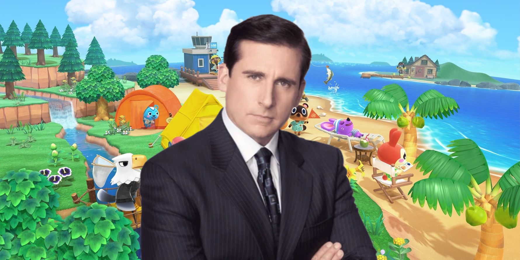 The Office's Michael Scott in front of a promotional image for Animal Crossing New Horizons