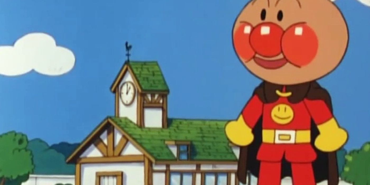 Anpanman anime com o herói titular em sua aldeia.