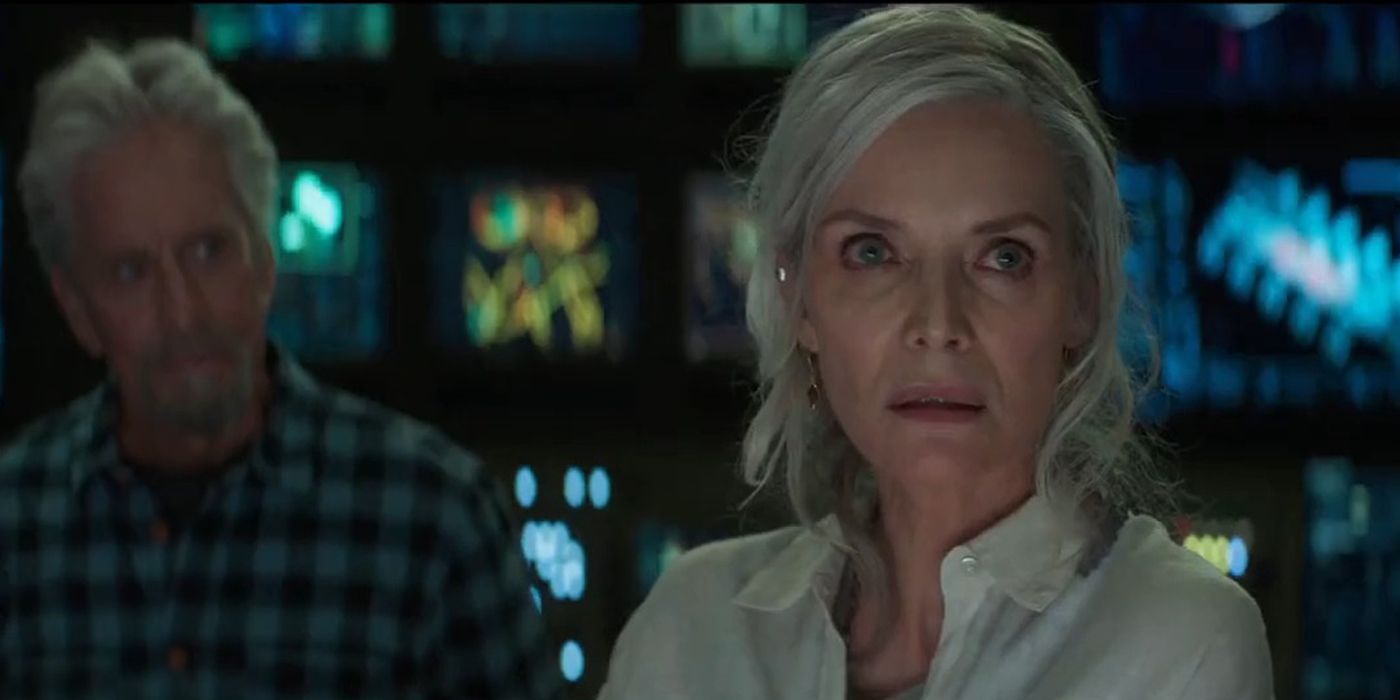 Michelle Pfeiffer as Janet Van Dyne looking scared in Ant-Man And The Wasp Quantumania.