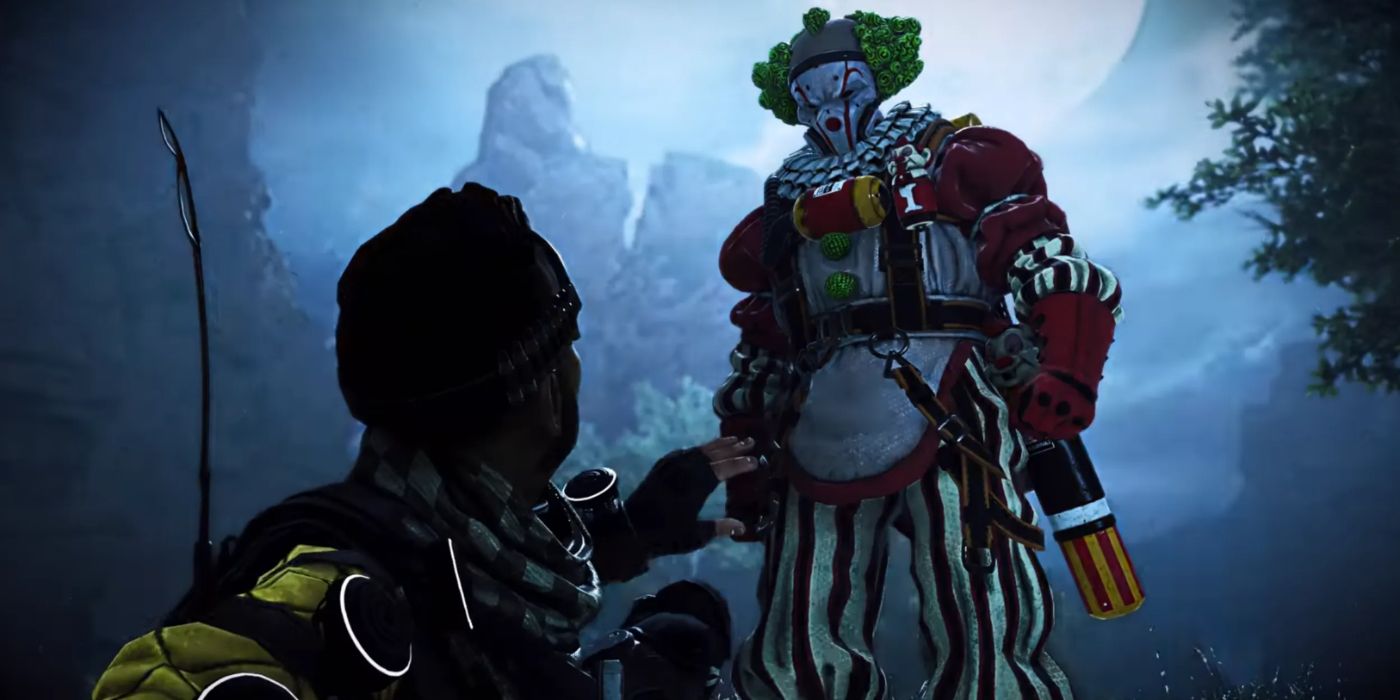 A character confronting a clown-themed opponent in Apex Legends' Fight or Fright event.