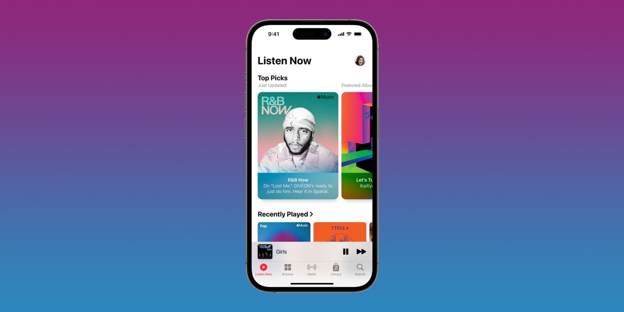 Apple Music's Listen Now homepage on iPhone 14 Pro.