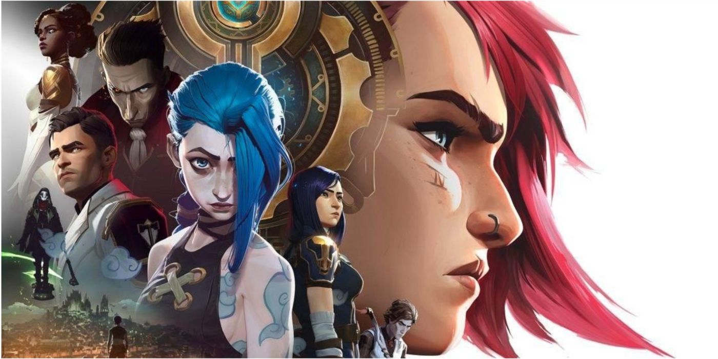 Arte promocional arcana com Jinx e uma colagem do resto do elenco principal da série.