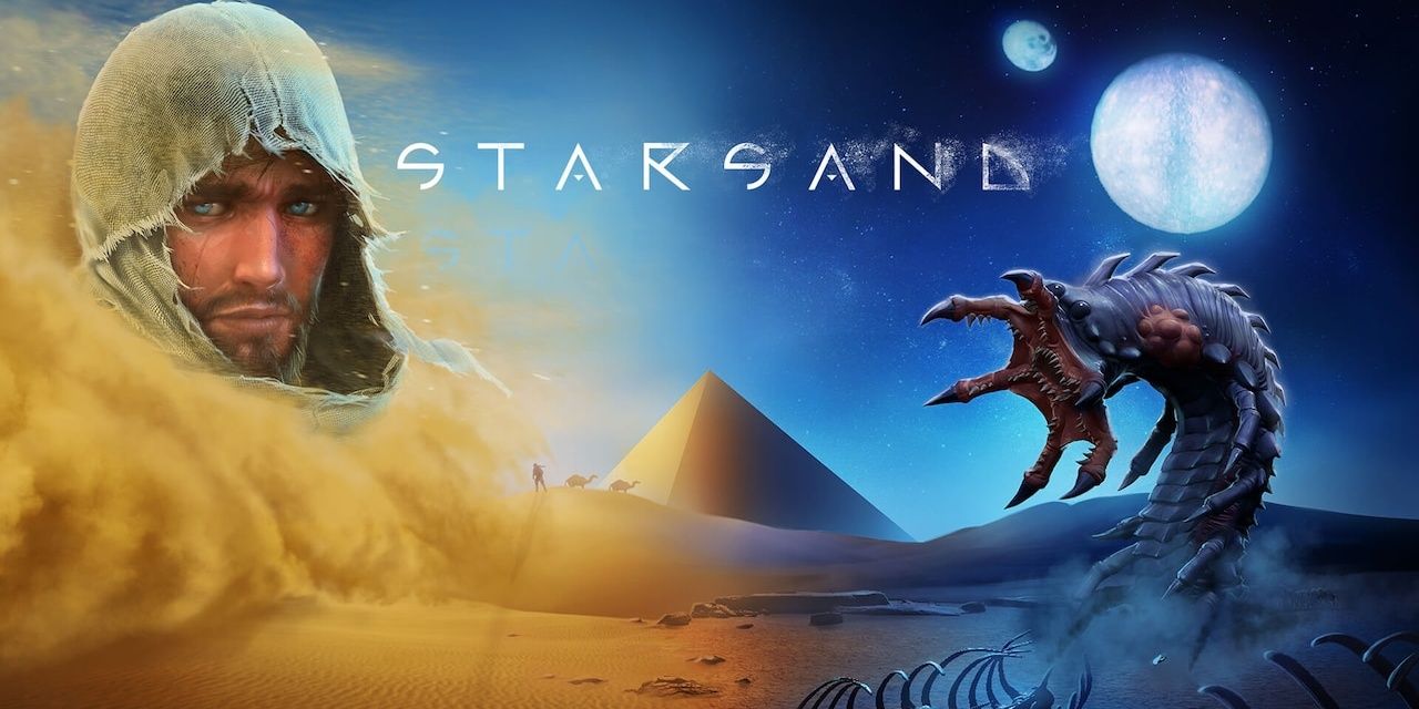 Obra para o jogo de sobrevivência Starsand mostrando o personagem do jogador e uma grande criatura do deserto