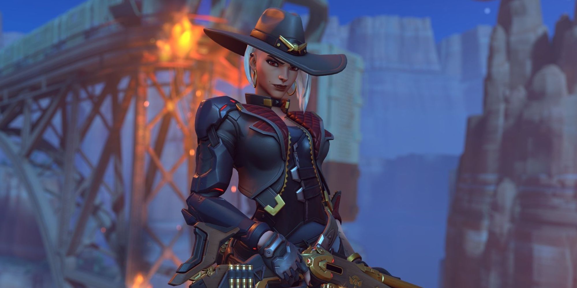 Ashe posing with her rifle in Overwatch 2