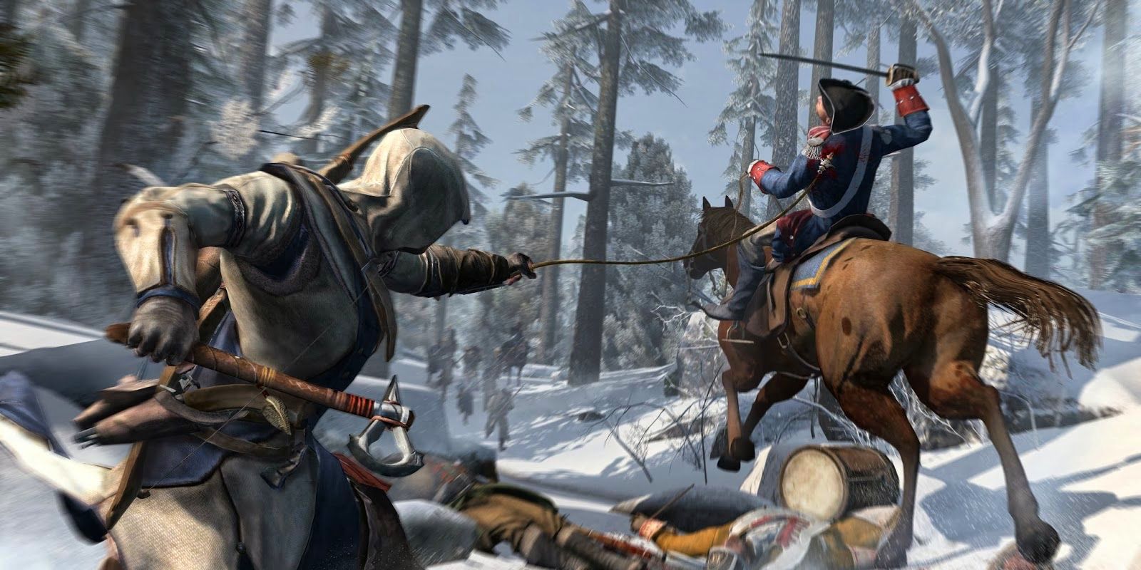 Connor hooking an enemy on horseback with the Rope Dart tool in Assassin's Creed 3.