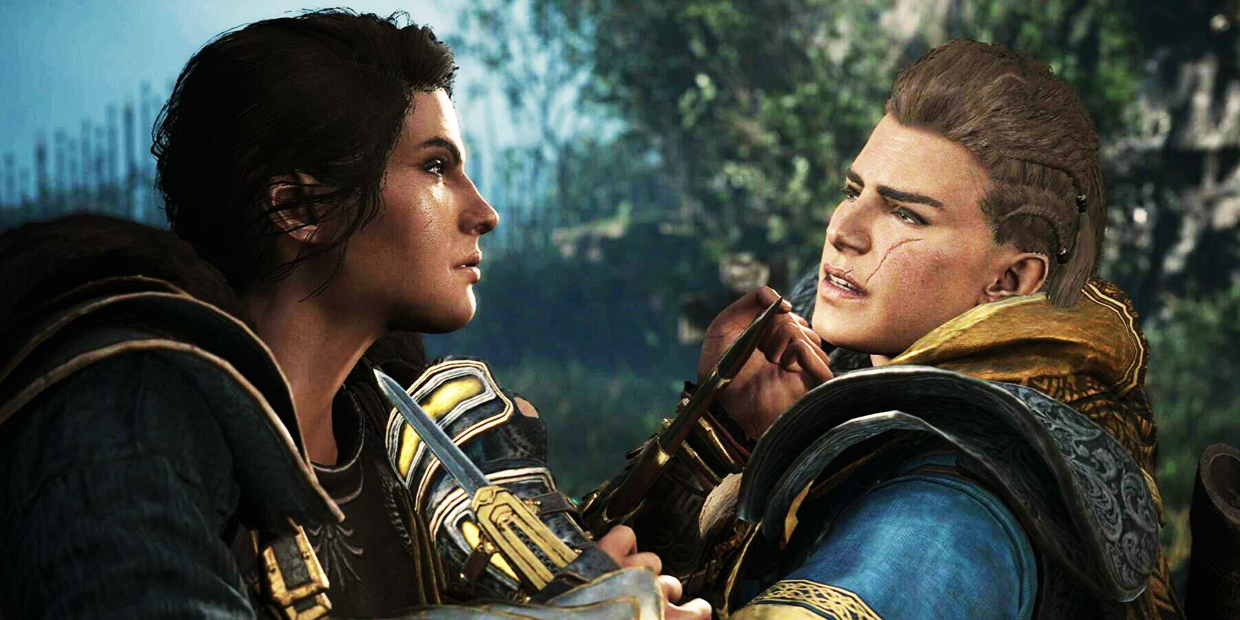 Eivor and Kassandra facing off in Assassin's Creed Valhalla