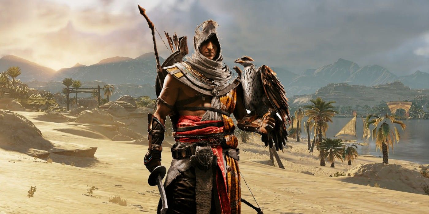 A character from Assassin's Creed Origins stands against a backdrop of a desert oasis with an eagle on his arm.
