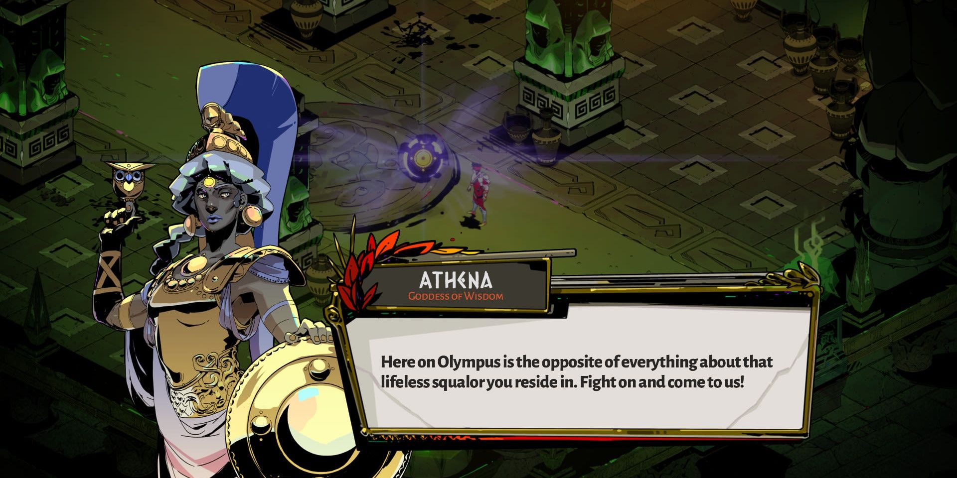 Athena talking to the player in Hades 