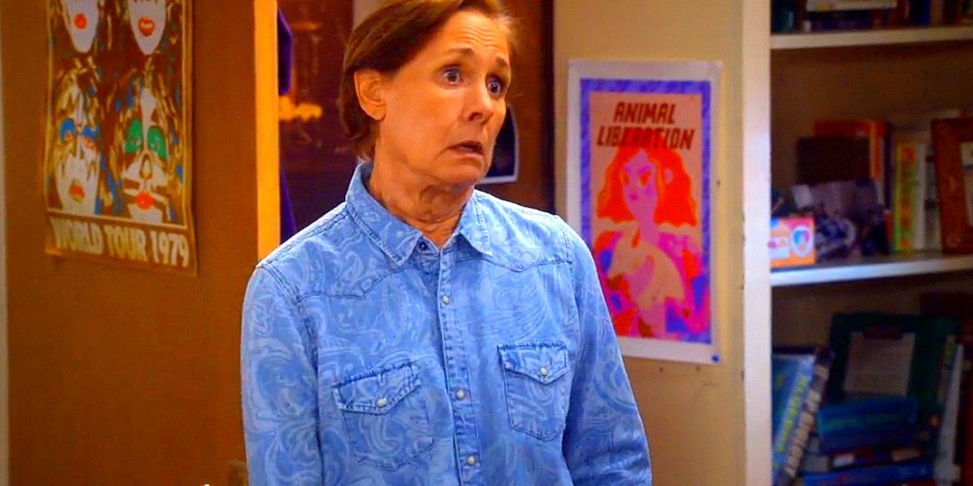 Aunt Jackie wearing a blue collared shirt and having a concerned reaction in Season 5 Episode 3 of The Conners