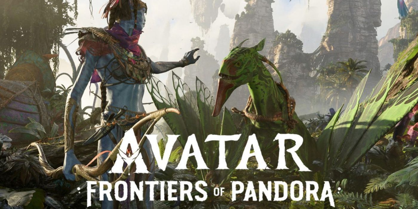 Avatar: Frontiers of Pandora promo art featuring a Na'vi taming a native creature of the planet.