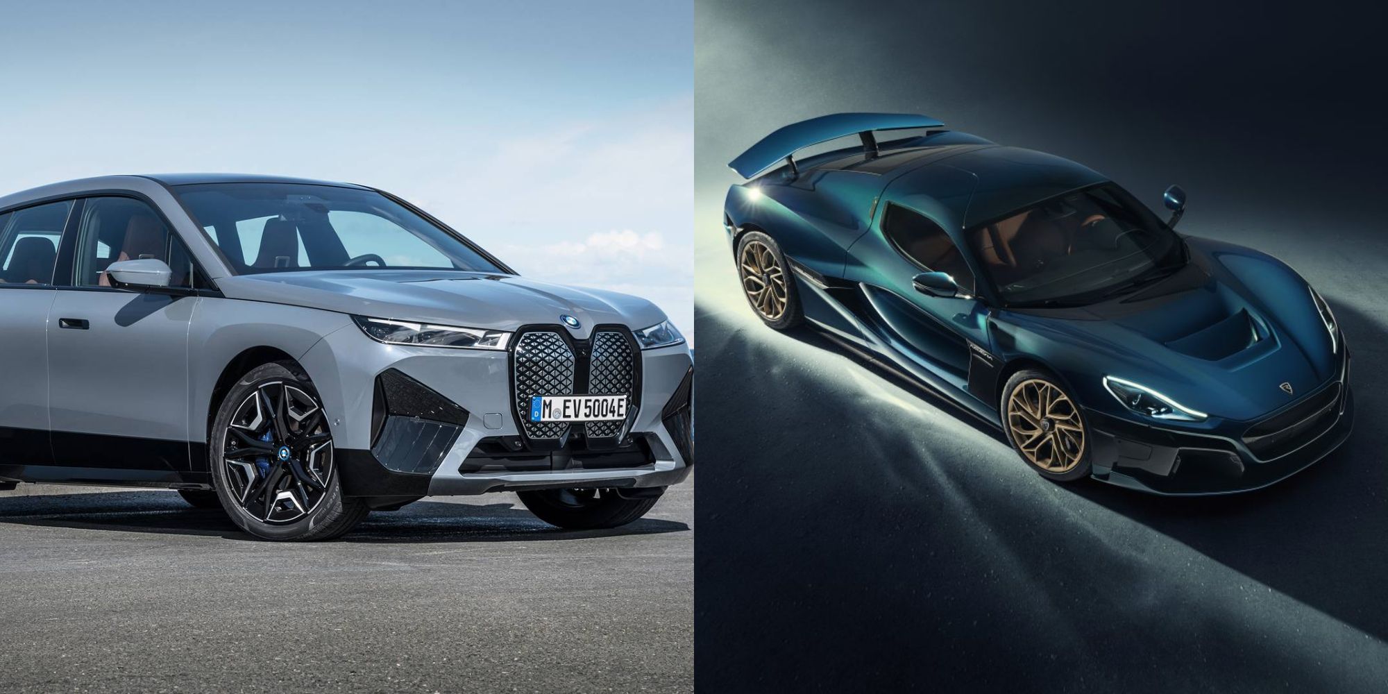 Split image showing the BMW iX xDrive50 and the Rimac Nevera.