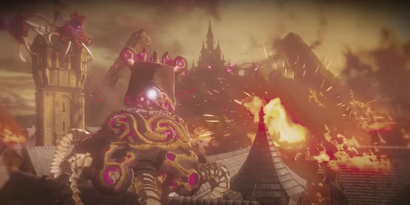 Guardians attack Hyrule Castle Town in BOTW's Second Great Calamity cutscene, crawling on buildings and burning the town.