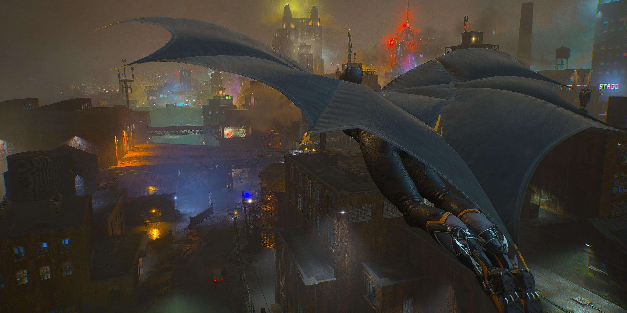 Batgirl gliding through the skies with her cape glide ability in Gotham Knights (2022)