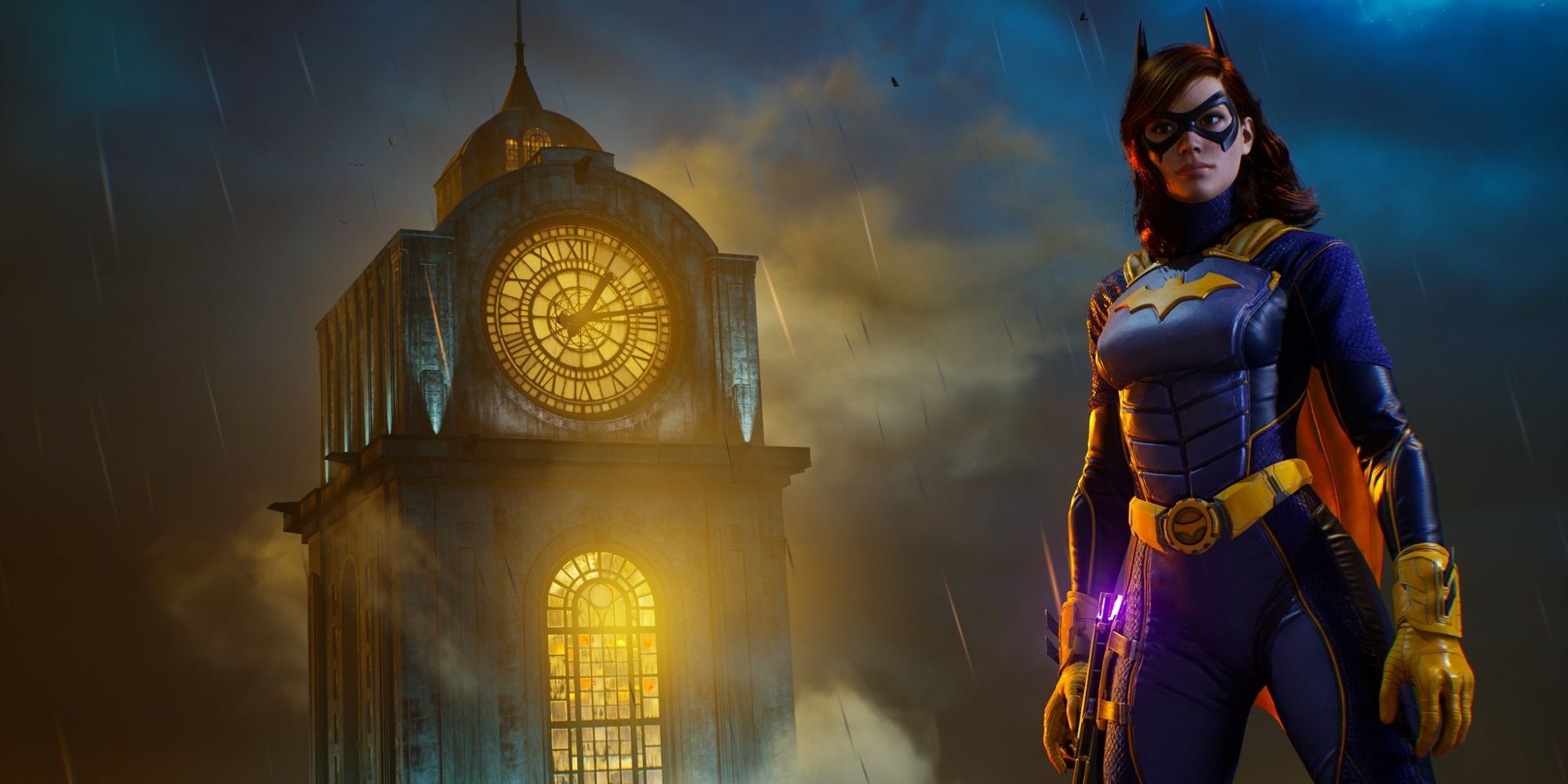Batgirl standing on a rooftop with the Belfry in the background in Gotham Knights (2022)