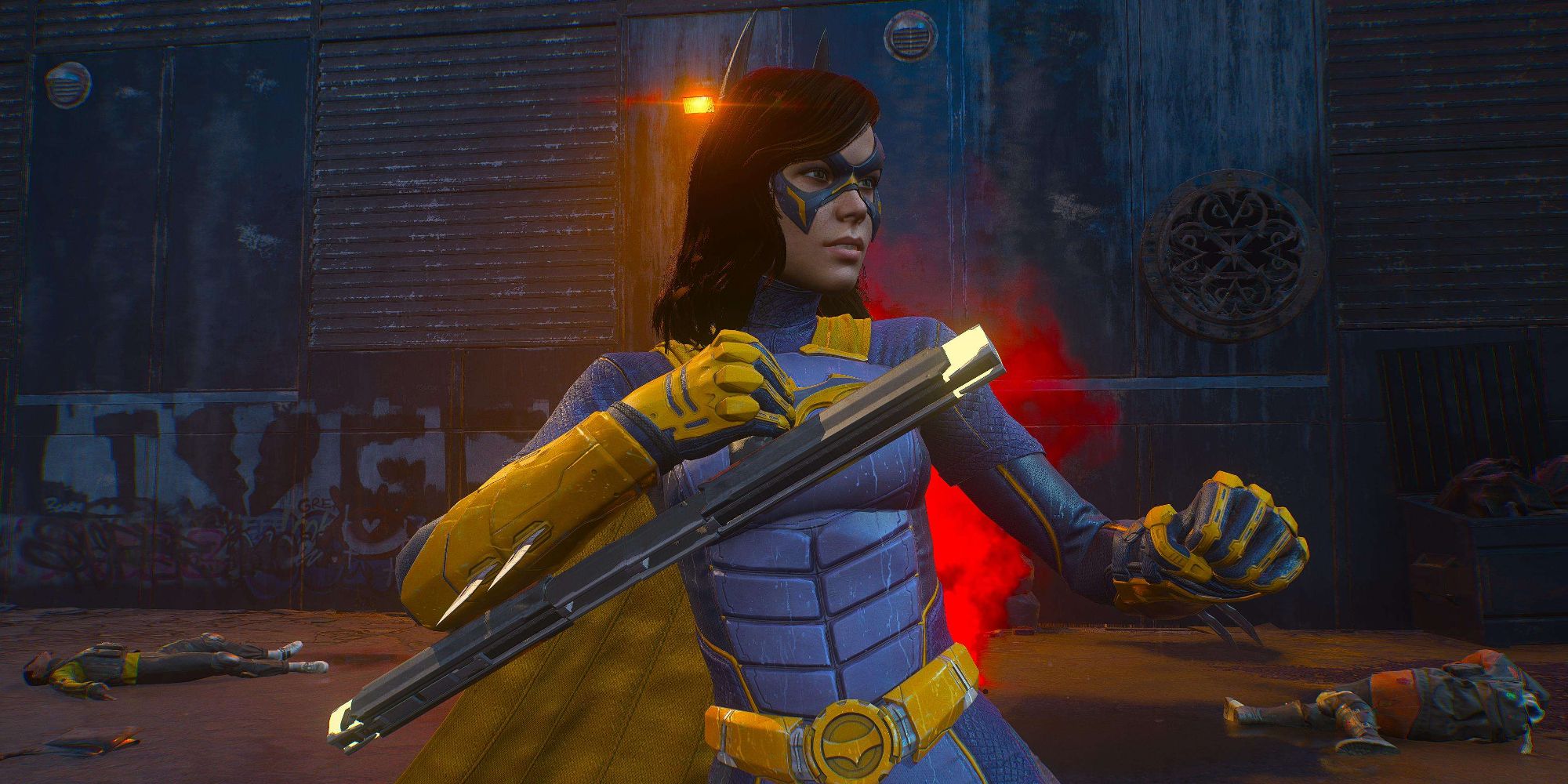 Batgirl empunhando sua tonfa em um beco em Gotham Knights (2022)