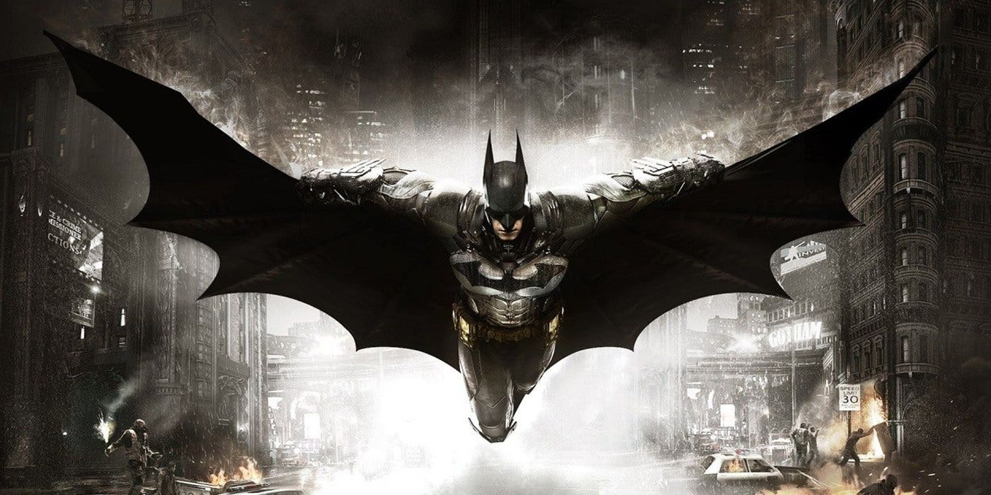 Promotional art for Batman: Arkham Knight, showing the Caped Crusader gliding through the streets of Gotham.