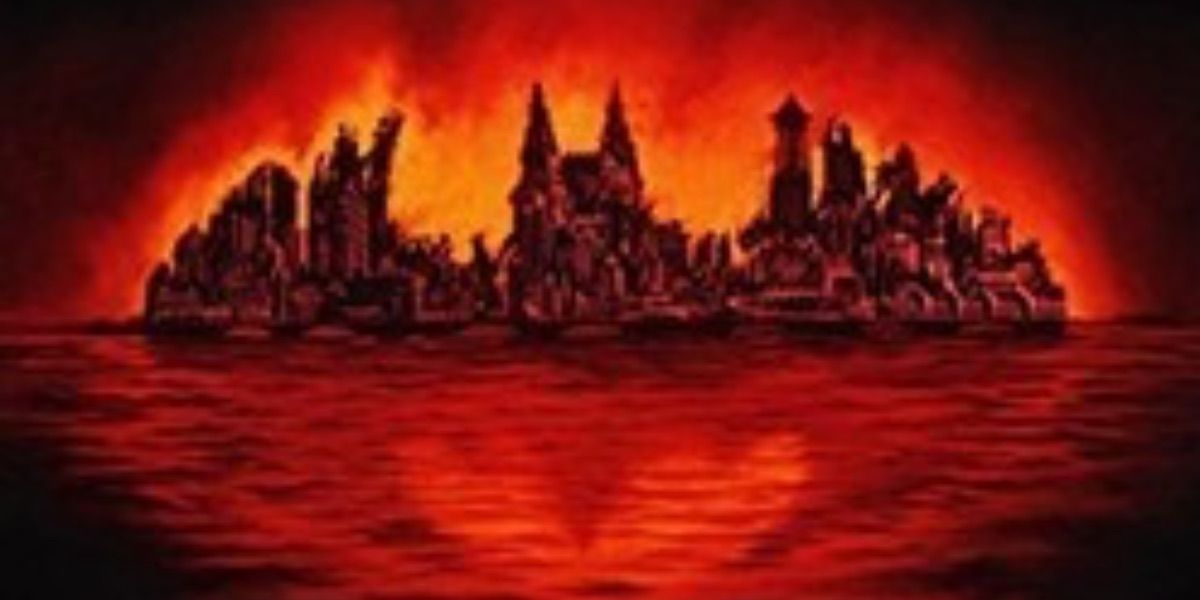 Gotham burns in the shape of the Batman logo from the cover of Batman No Man's Land