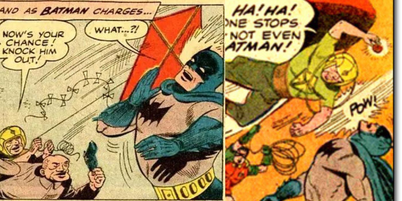 Painéis de quadrinhos do Batman que mostram o Homem Pipa atacando o Batman
