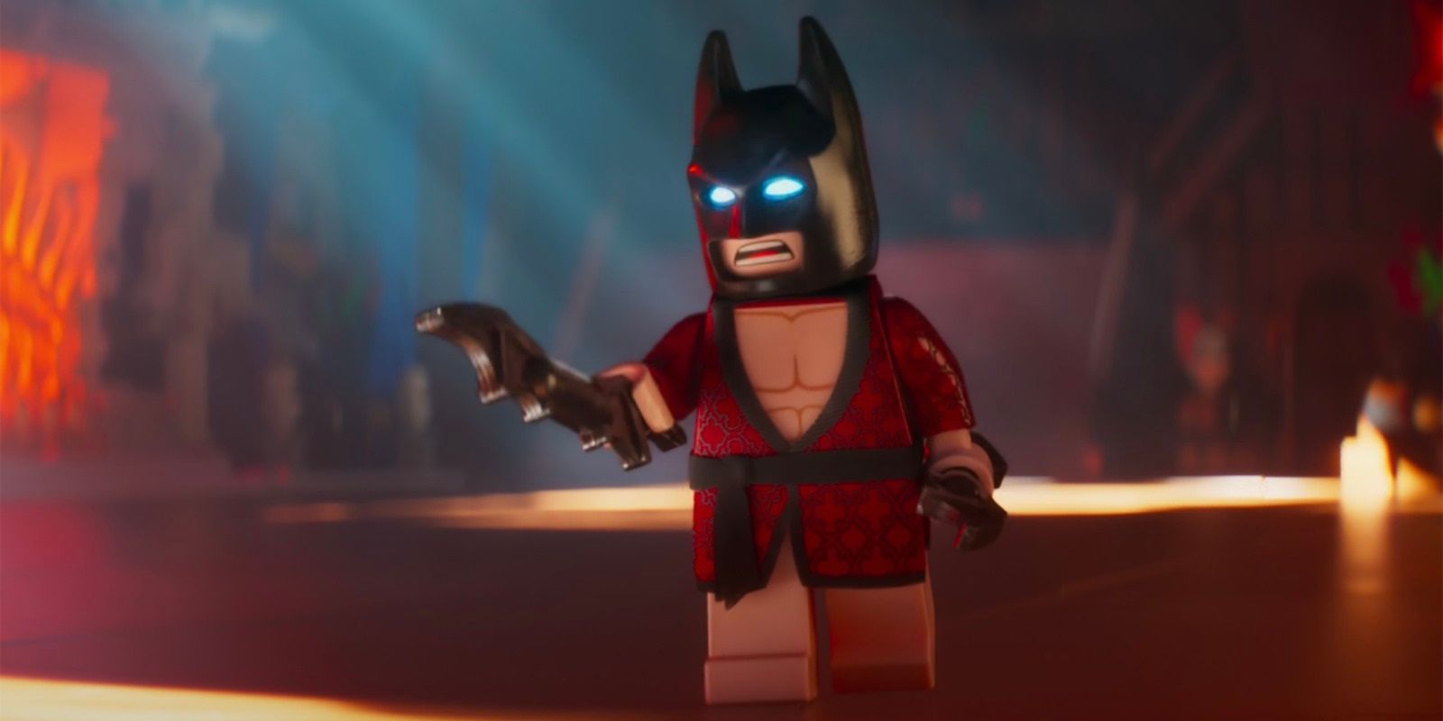 Batman in a bathrobe in The Lego Batman Movie