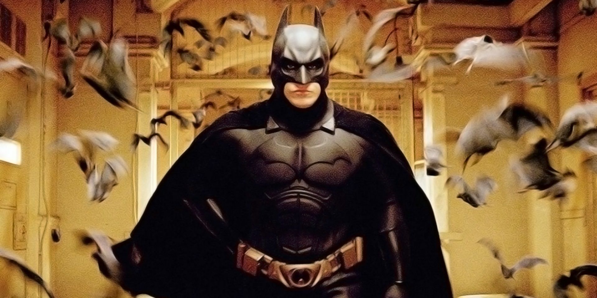 Batman caminha por um corredor cheio de morcegos em Batman Begins (2005)
