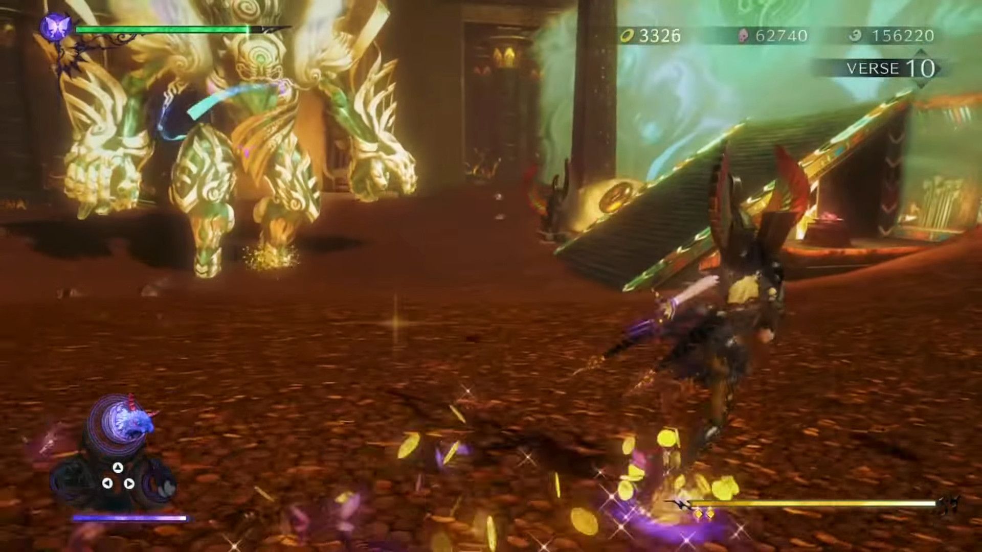 Protagonista de Bayonetta 3 correndo em ouro durante a luta do chefe do Capítulo 9