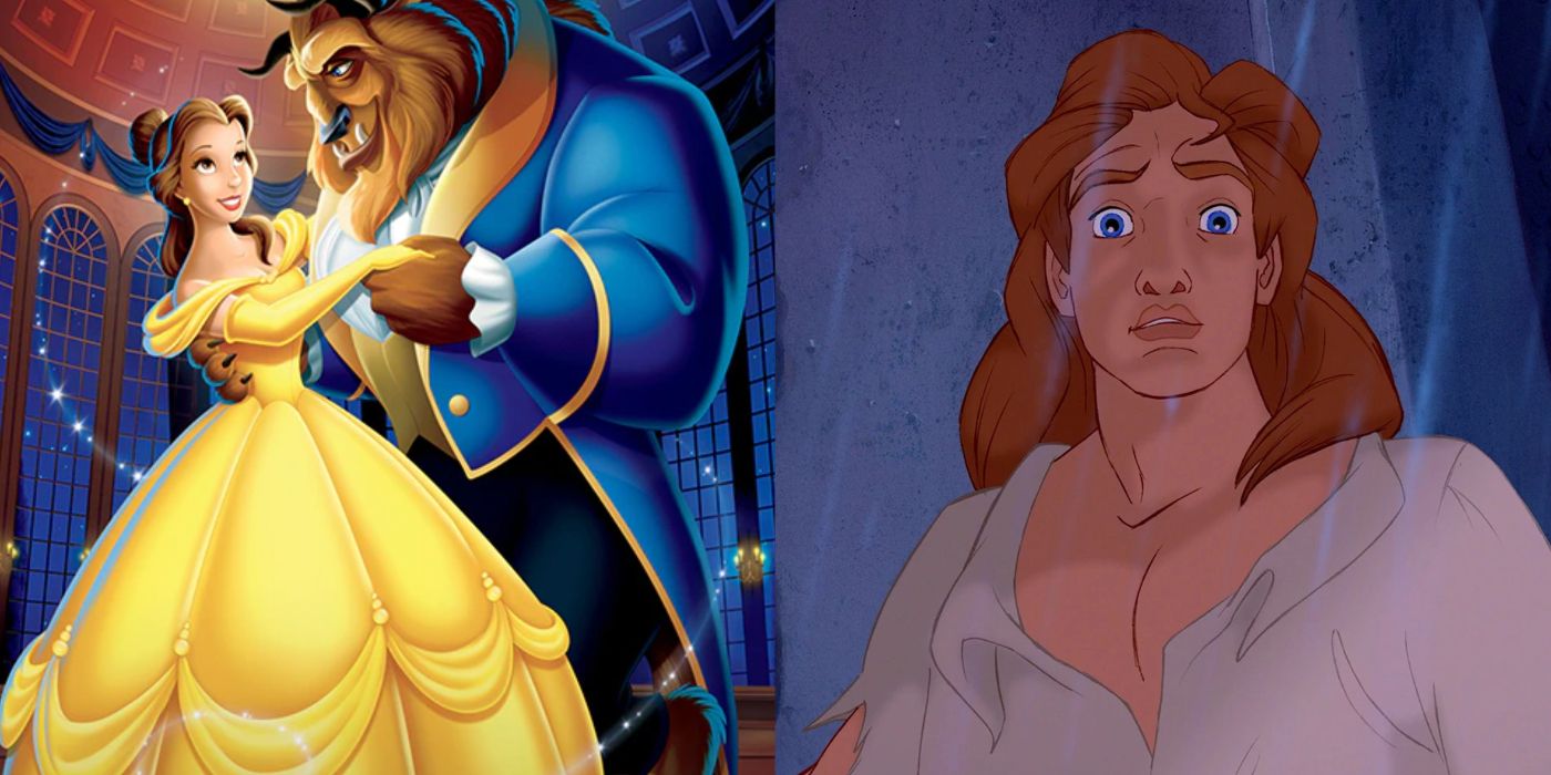 Beauty and the Beast dancing alongside an image of the beast turned back into a man. 