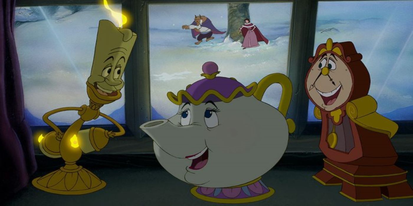 Lumiere, Mrs. Potts, and Cogsworth singing in Beauty and the Beast.