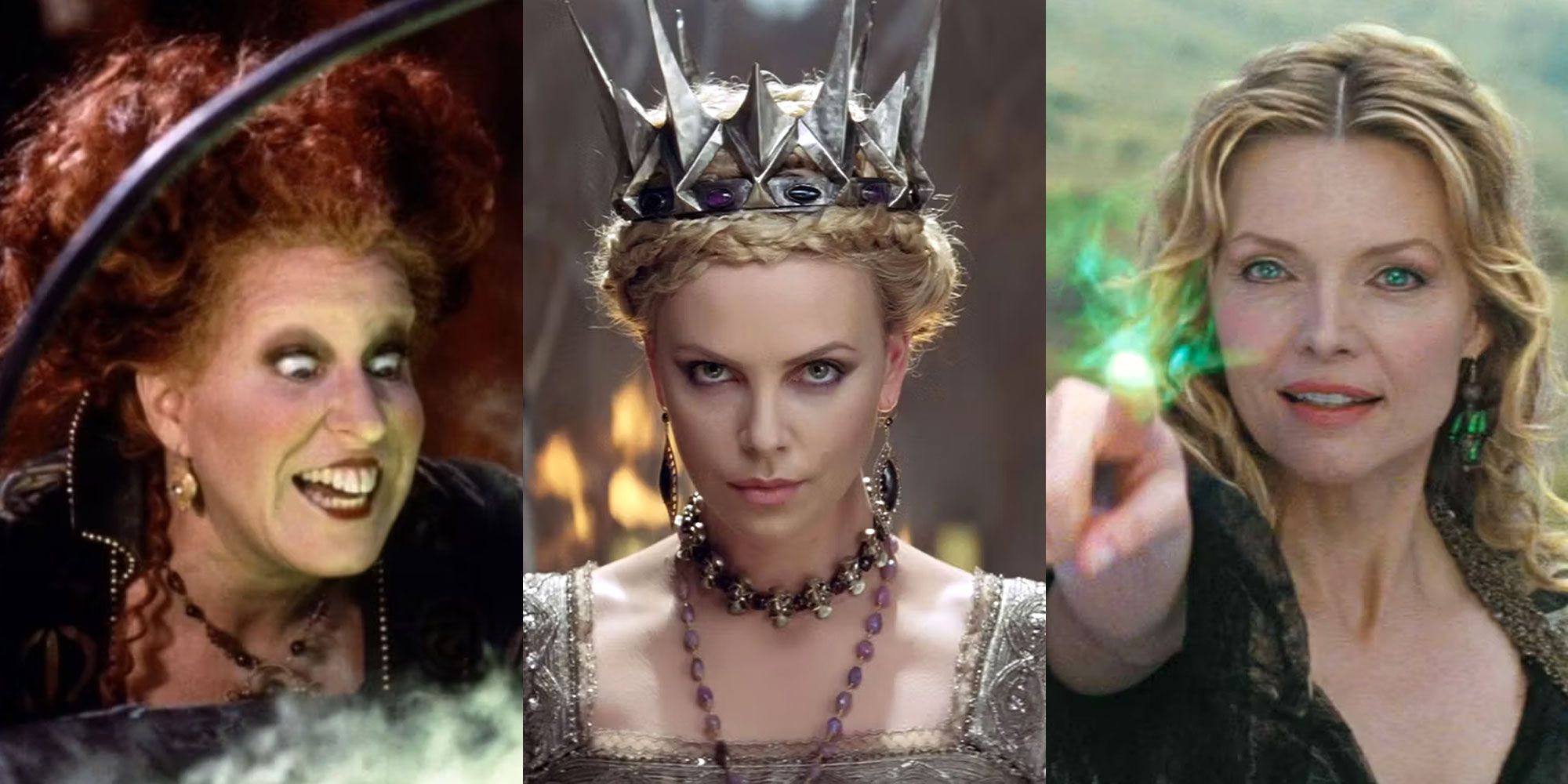 A split image features Winifred Sanderson in Hocus Pocus, Ravenna in Snow White And The Huntsman, and Lamia in Stardust