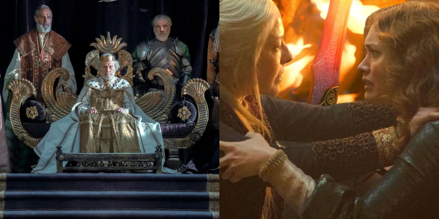 King Jaehaerys at the beginning of House of the Dragon alongside an image of Rhaenyra and Alicent grappling. 