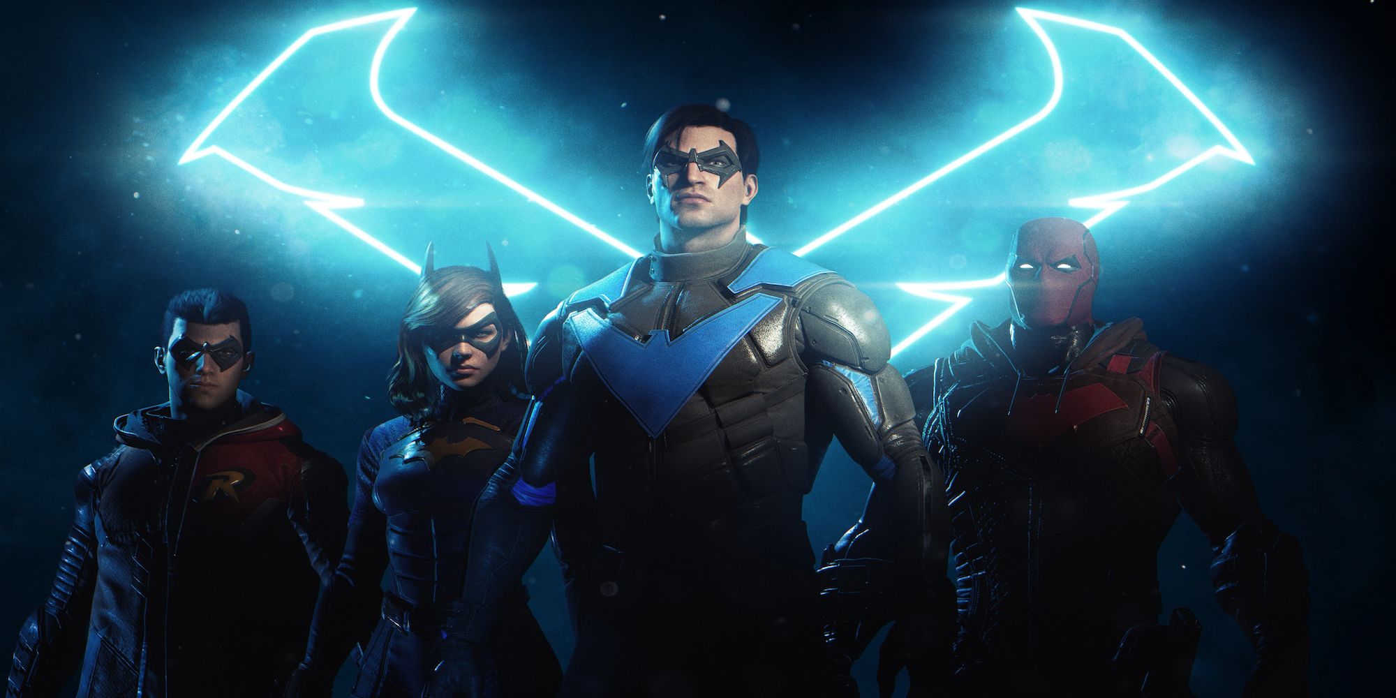 Nightwing and the Gotham Knights standing proudly against a lit up X in background