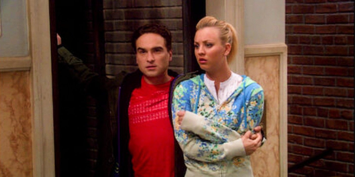 Leonard holds Penny near the apartment's busted elevator on Big Bang Theory 