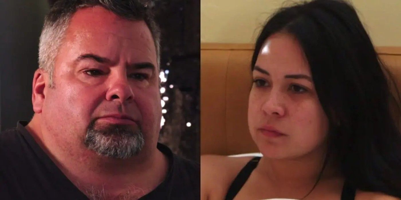 Big Ed Brown and Liz Woods from 90 Day Fiancé: Happily Ever After?.in split image looking at each other 