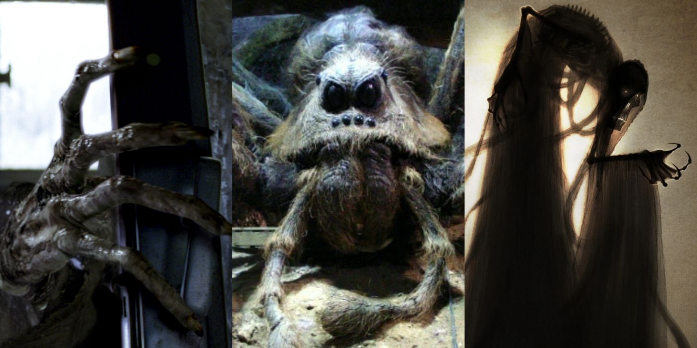 A tri-split image showing, from left to right, a Dementor hand, Aragog the spider, and Death from Harry Potter. 