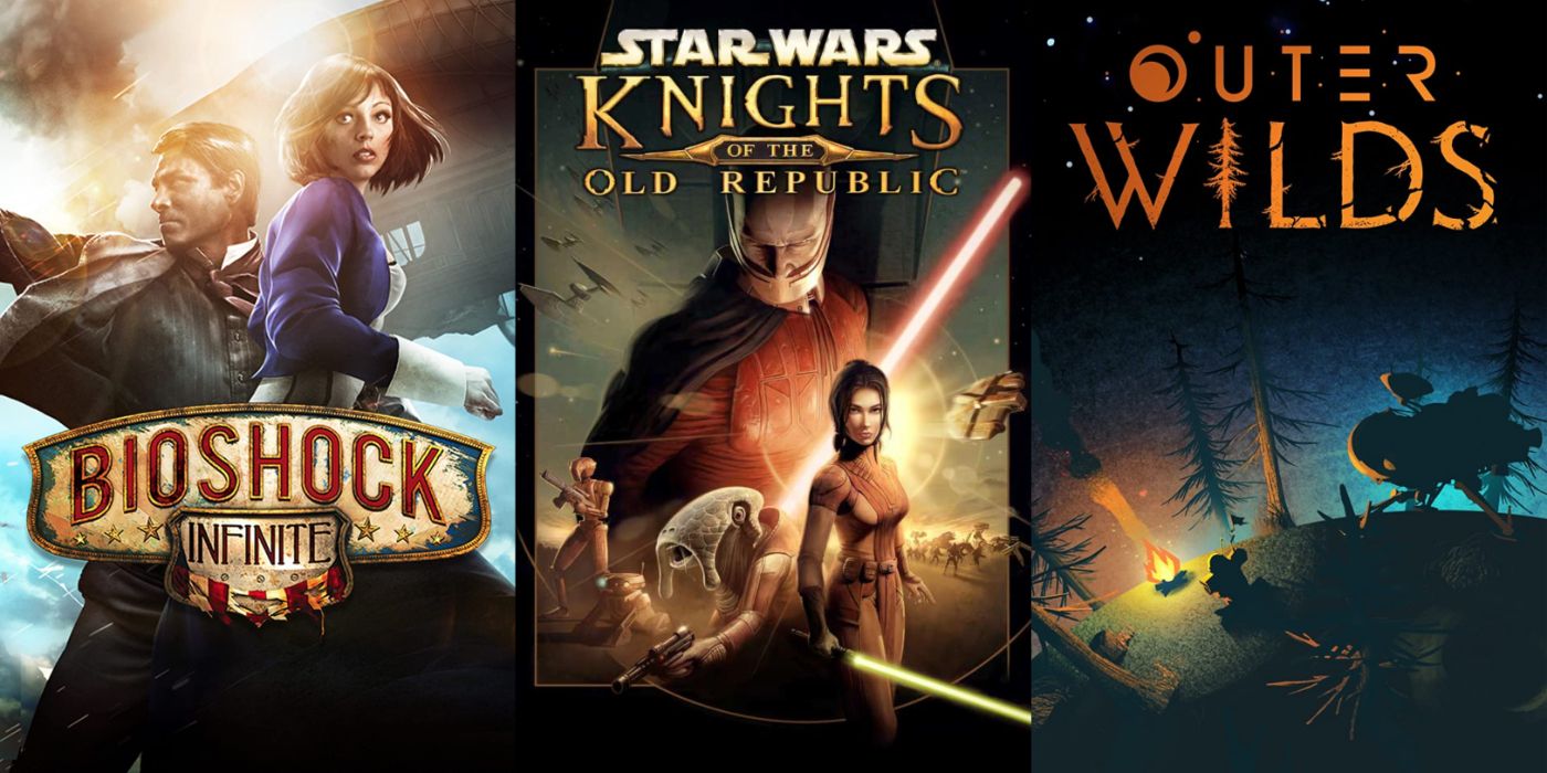 Split image of BioShock Infinite, Star Wars: Knights of the Old Republic, and Outer Wilds promo art.