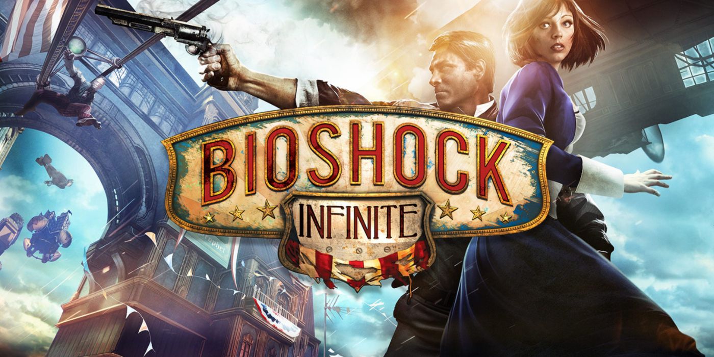 Arte promocional de BioShock Infinite com Booker e Elizabeth escapando de Columbia.