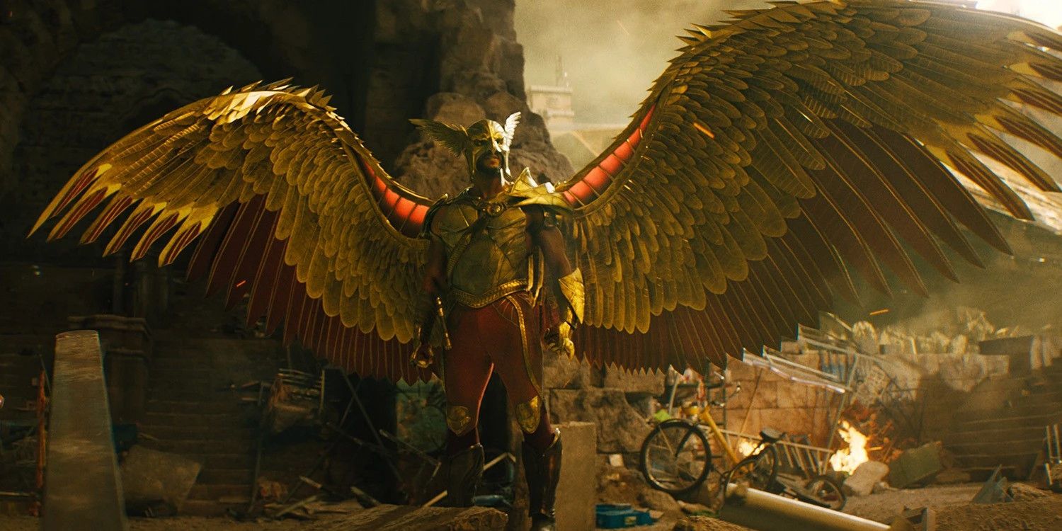 Hawkman standing in full costume, with wings spread 