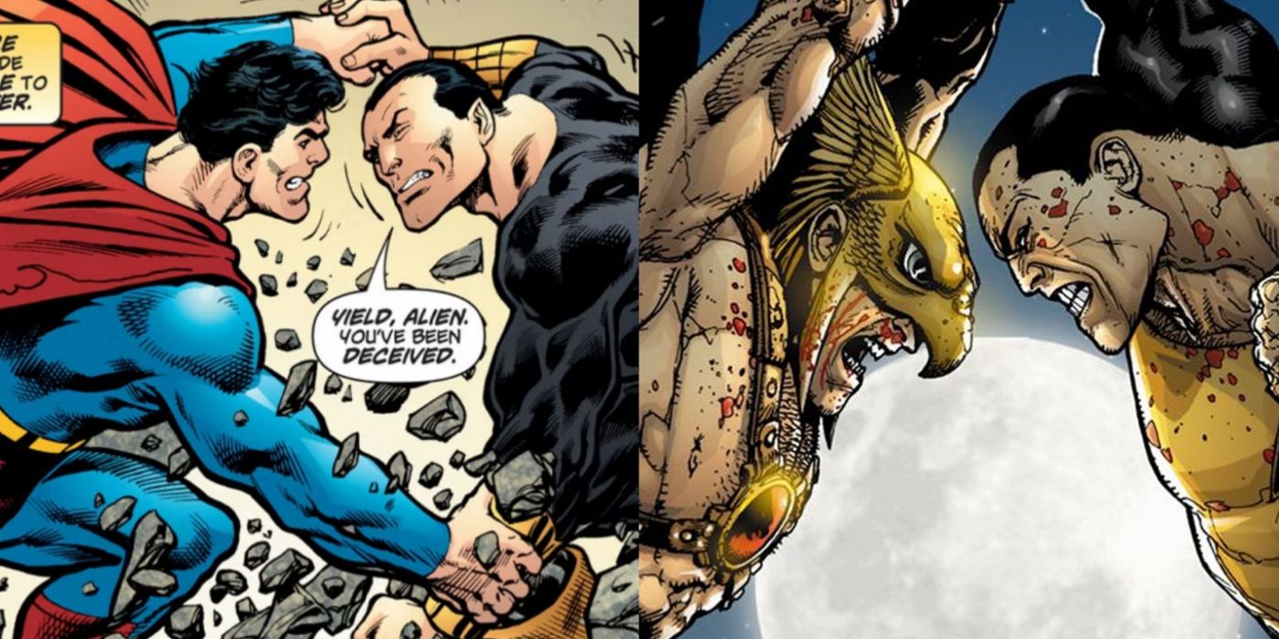 Black Adam fighting Superman and Hawkman