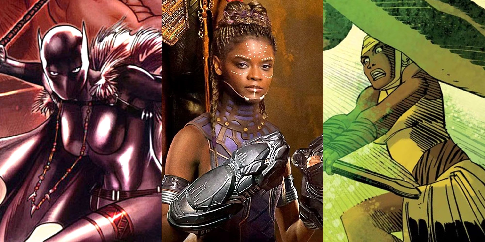 A split image features Shuri as Black Panther in Marvel Comics, Letitia Wright as Shuri in the MCU, and Shuri in action in Marvel Comics