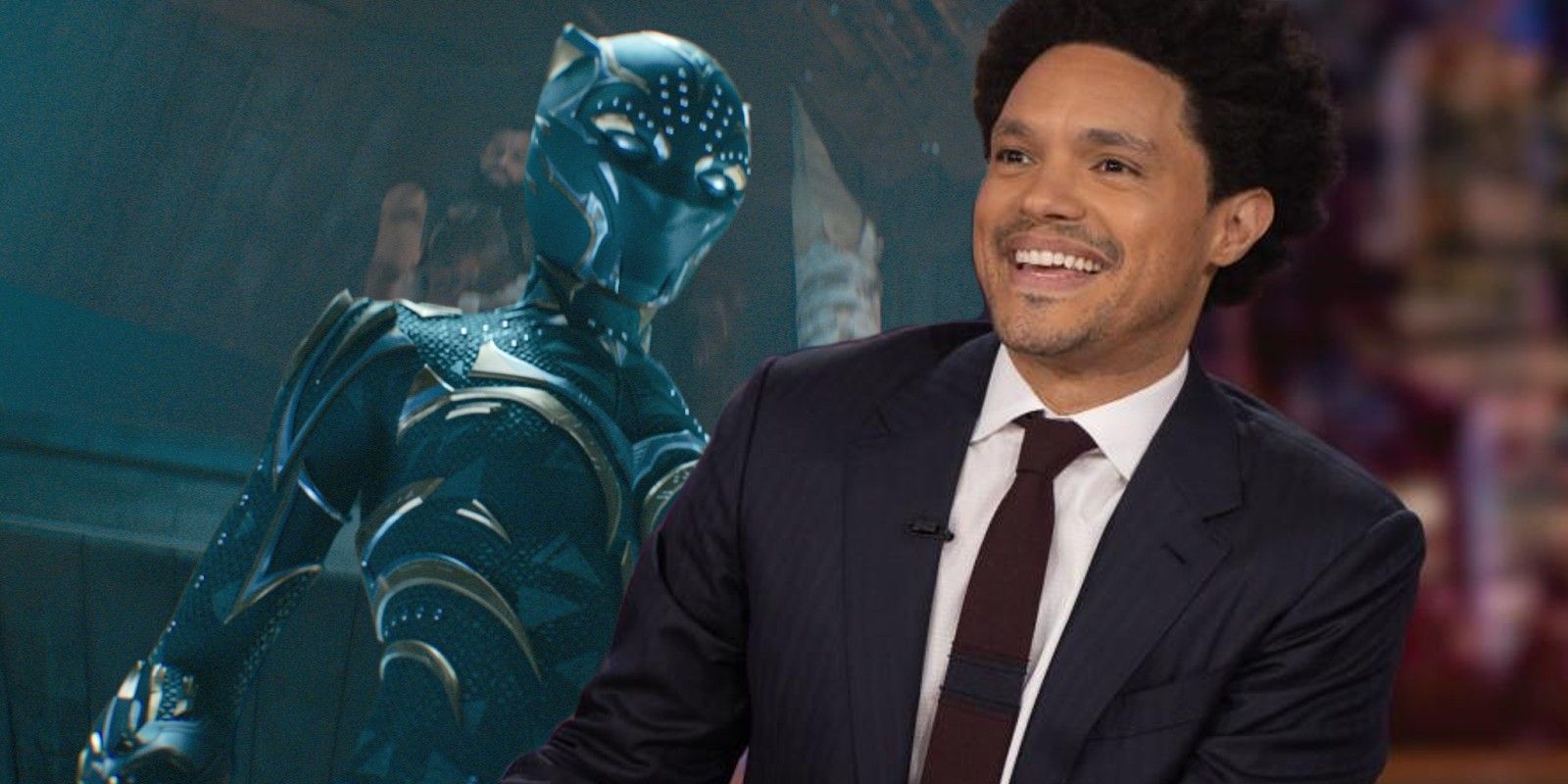 Uma imagem do Pantera Negra em Pantera Negra: Wakanda Forever e Trevor Noah sorrindo