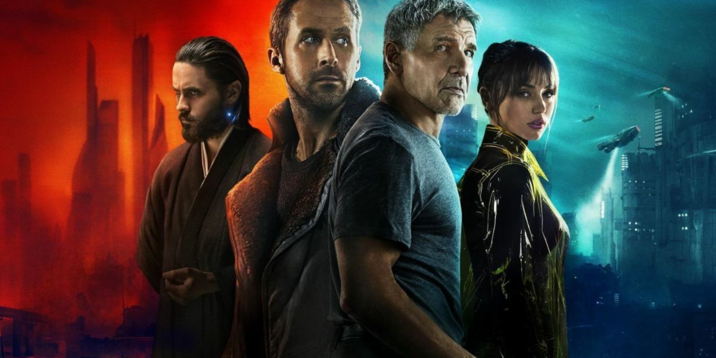 Poster promo Blade Runner 2049 menampilkan Tyrell, K, Deckard, dan Joi.