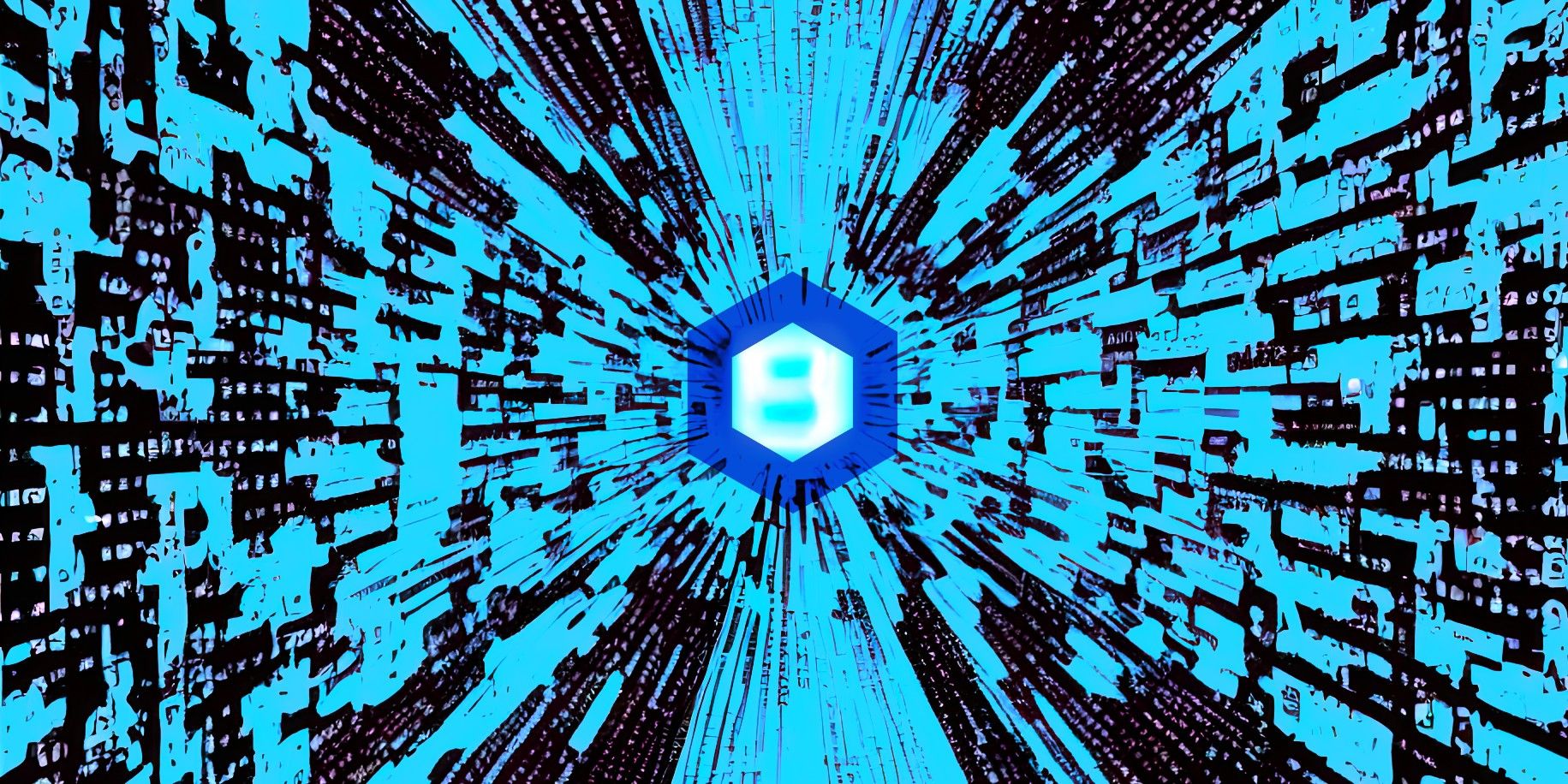 Abstract art of blue data packets flowing from center, with Chainlink logo in center