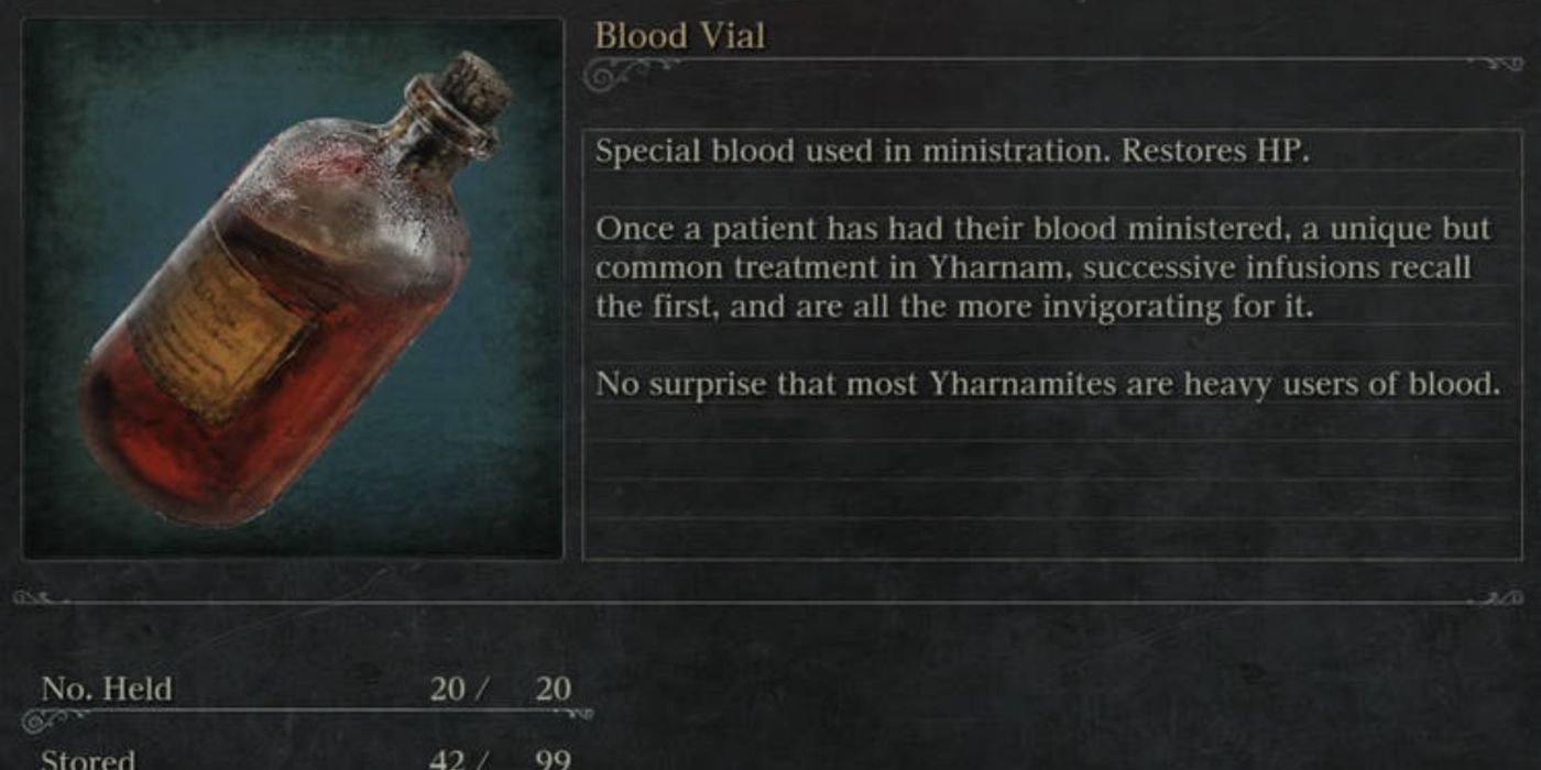 A descrição do inventário dos Frascos de Sangue em Bloodborne.