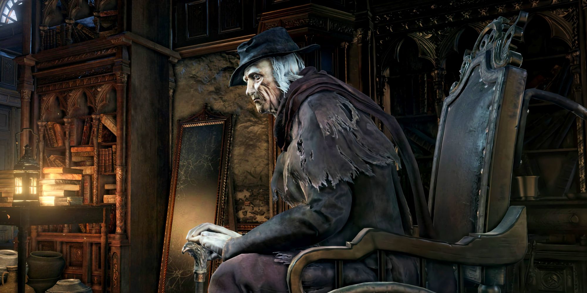 Gehrman from Bloodborne, sitting in his wheelchair in the Hunter's Dream's shop.