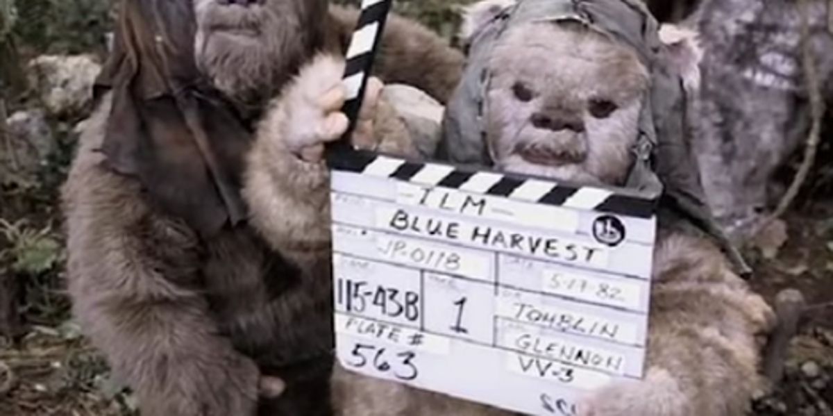 Blue Harvest sign held by Ewoks in Return of the Jedi
